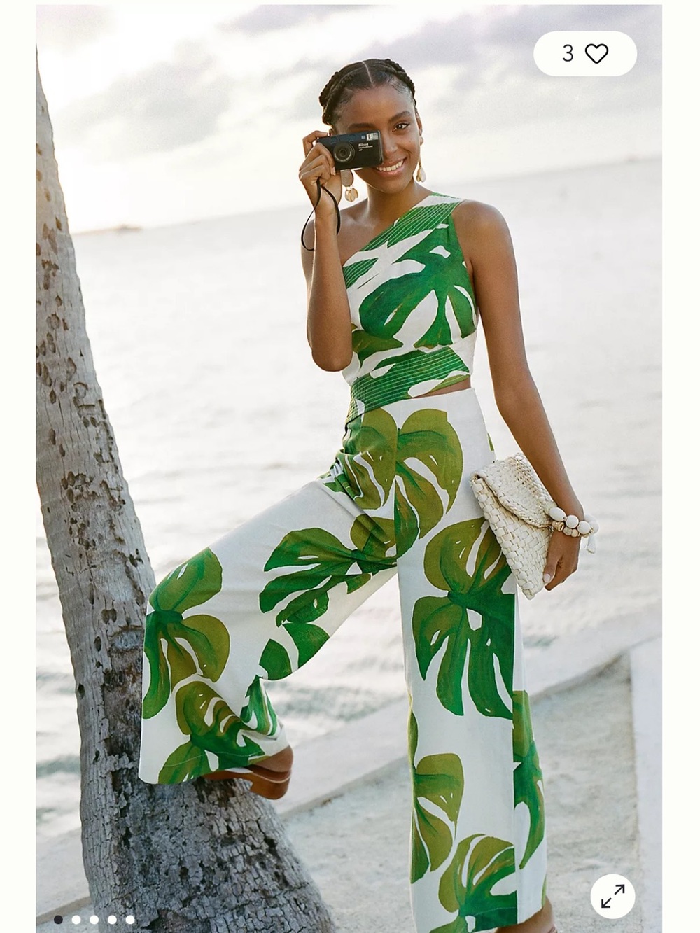 FARM RIO White and Green Monstera Wide-Leg Pants